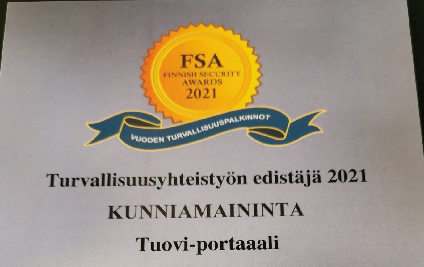 TUOVIlle Finnish Security Award 2021 -kunniamaininta!