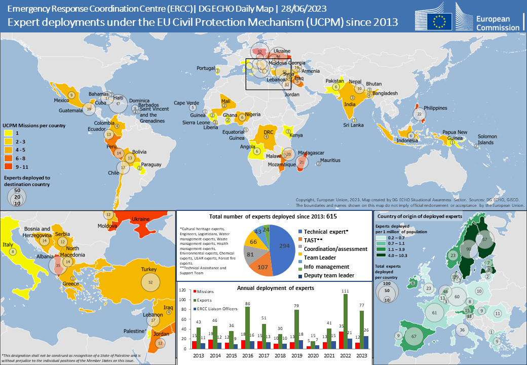 Karttakuva: expert deployment under the EU CCivil Protection Mechanism.